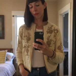 Vintage Cream Cardigan with Gold Beaded Flowers